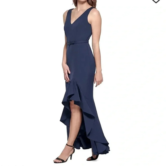 Eliza J • Sleeveless V-Neck Belted High Low Asymmetrical Gown - Picture 1 of 16